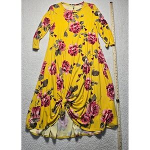 Pomelo Womens Mustard Yellow Floral Rose Front Knot 3/4 Sleeve Midi Dress Medium